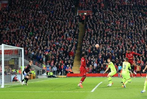 7th May 2019, Anfield, Liverpool, England; UEFA Champions League football, semi final second leg, Liverpool versus FC Barcelona Barca Georginio Wijnaldum of Liverpool leaps to score Liverpool s third goal with a header in the 56th minute for 3-3 aggregate  ActionPlus12132171 DavidxBlunsden