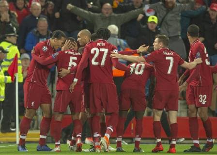 Liverpool United Kingdom 07 05 2019 UEFA Champions League 2018 19 Season Semifinal 2 Round FC Liverpool FC Barcelona Georginio Wijnaldum Liverpool celebrates his goal with team mates DeFodi056