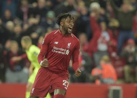 Liverpool United Kingdom 07 05 2019 UEFA Champions League 2018 19 Season Semifinal 2 Round FC Liverpool FC Barcelona Divock Origi Liverpool celebrates after scoring his team s fourth goal DeFodi056