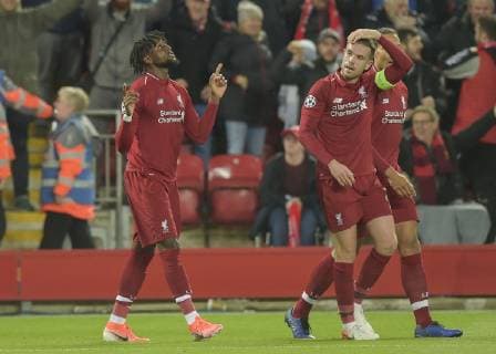 Liverpool United Kingdom 07 05 2019 UEFA Champions League 2018 19 Season Semifinal 2 Round FC Liverpool FC Barcelona Divock Origi Liverpool celebrates after scoring his team s fourth goal with team mates DeFodi056
