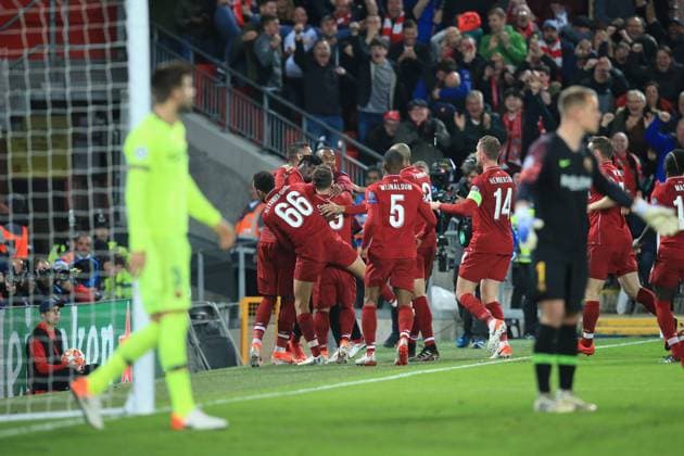 7th May 2019, Anfield, Liverpool, England; UEFA Champions League football, semi final second leg, Liverpool versus FC Barcelona Barca Divock Origi of Liverpool celebrates with his team mates after scoring his side s fourth goal in the 79th minute from a quickly taken corner  ActionPlus12132173 DavidxBlunsden