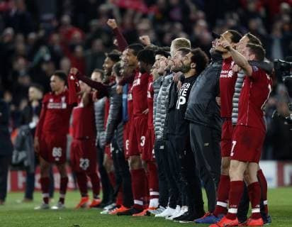 Liverpool s players and Jurgen Klopp celebrate at the final whistle during the UEFA Champions League match at Anfield, Liverpool. Picture date: 7th May 2019. Picture credit should read: Darren Staples Sportimage EDITORIAL USE ONLY. No use with unauthorised audio, video, data, fixture lists, club league logos or live services. Online in-match use limited to 120 images, no video emulation. No use in betting, games or single club league player publications. SPI-0072-0071