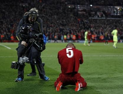 Liverpool s Georginio Wijnaldum celebrates at the final whistle during the UEFA Champions League match at Anfield, Liverpool. Picture date: 7th May 2019. Picture credit should read: Darren Staples Sportimage EDITORIAL USE ONLY. No use with unauthorised audio, video, data, fixture lists, club league logos or live services. Online in-match use limited to 120 images, no video emulation. No use in betting, games or single club league player publications. SPI-0072-0074