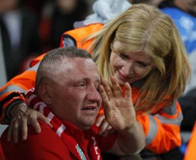 A Liverpool fan in tears at the final whistle during the UEFA Champions League match at Anfield, Liverpool. Picture date: 7th May 2019. Picture credit should read: Darren Staples Sportimage EDITORIAL USE ONLY. No use with unauthorised audio, video, data, fixture lists, club league logos or live services. Online in-match use limited to 120 images, no video emulation. No use in betting, games or single club league player publications. SPI-0072-0077