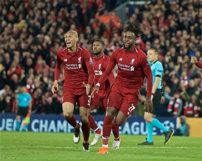(190508) -- LIVERPOOL, May 8, 2019 (Xinhua) -- Liverpool s Divock Origi (R) celebrates after scoring during the UEFA Champions League Semi-Final second Leg match between Liverpool FC and FC Barcelona Barca at Anfield in Liverpool, Britain on May 7, 2019. Liverpool won 4-3 on aggregate and reached the final. (Xinhua) FOR EDITORIAL USE ONLY. NOT FOR SALE FOR MARKETING OR ADVERTISING CAMPAIGNS. NO USE WITH UNAUTHORIZED AUDIO, VIDEO, DATA, FIXTURE LISTS, CLUB LEAGUE LOGOS OR LIVE SERVICES. ONLINE IN-MATCH USE LIMITED TO 45 IMAGES, NO VIDEO EMULATION. NO USE IN BETTING, GAMES OR SINGLE CLUB LEAGUE PLAYER PUBLICATIONS. (SP)BRITAIN-LIVERPOOL-FOOTBALL-UEFA CHAMPIONS LEAGUE-LIVERPOOL VS FC BARCELONA 