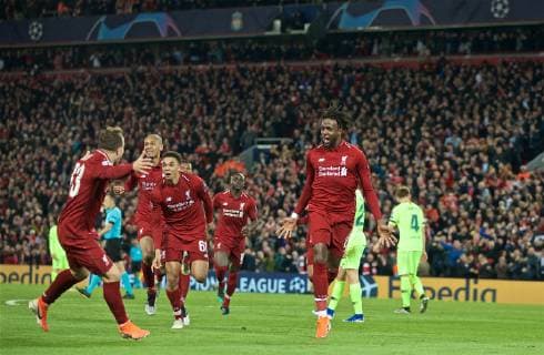 (190508) -- LIVERPOOL, May 8, 2019 (Xinhua) -- Liverpool s Divock Origi (R, Front) celebrates after scoring during the UEFA Champions League Semi-Final second Leg match between Liverpool FC and FC Barcelona Barca at Anfield in Liverpool, Britain on May 7, 2019. Liverpool won 4-3 on aggregate and reached the final. (Xinhua) FOR EDITORIAL USE ONLY. NOT FOR SALE FOR MARKETING OR ADVERTISING CAMPAIGNS. NO USE WITH UNAUTHORIZED AUDIO, VIDEO, DATA, FIXTURE LISTS, CLUB LEAGUE LOGOS OR LIVE SERVICES. ONLINE IN-MATCH USE LIMITED TO 45 IMAGES, NO VIDEO EMULATION. NO USE IN BETTING, GAMES OR SINGLE CLUB LEAGUE PLAYER PUBLICATIONS. (SP)BRITAIN-LIVERPOOL-FOOTBALL-UEFA CHAMPIONS LEAGUE-LIVERPOOL VS FC BARCELONA