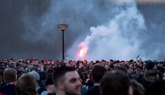 Ajax supporters outside the stadium ahead of the UEFA Champions League Semi-Final 2nd leg match between Ajax and Tottenham Hotspur at Johan Cruyff Arena, ArenA Boulevard 1, 1101 AX Amsterdam, Netherlands on 8 May 2019. Copyright: xAndyxRowlandx PMI-2814-0023