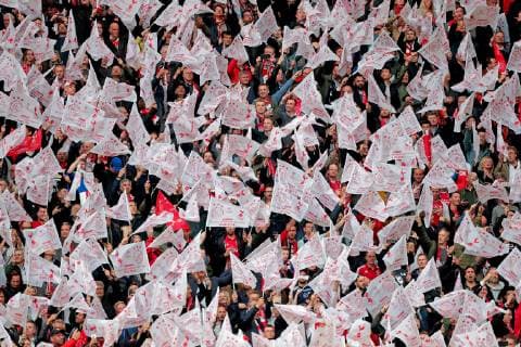 AMSTERDAM, 08-05-2019 Stadium Johan CruyffArena, Season 2018 2019 Champions League semi final second leg. Flags on the stands before the game Ajax - Tottenham Hotspur . Ajax - Tottenham Hotspur  x3350137x Copyright: