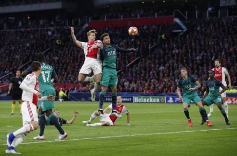 Matthijs de Ligt of Ajax scores the first goal of the match during the UEFA Champions League match at the Johan Cruyff Arena, Amsterdam. Picture date: 8th May 2019. Picture credit should read: David Klein Sportimage EDITORIAL USE ONLY. No use with unauthorised audio, video, data, fixture lists, club league logos or live services. Online in-match use limited to 120 images, no video emulation. No use in betting, games or single club league player publications. SPI-0075-0014