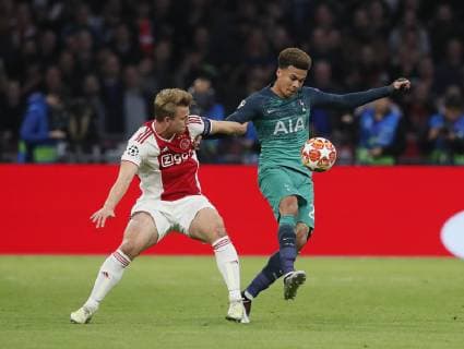 Matthijs de Ligt of Ajax tackled by Dele Alli of Tottenham during the UEFA Champions League match at the Johan Cruyff Arena, Amsterdam. Picture date: 8th May 2019. Picture credit should read: David Klein Sportimage EDITORIAL USE ONLY. No use with unauthorised audio, video, data, fixture lists, club league logos or live services. Online in-match use limited to 120 images, no video emulation. No use in betting, games or single club league player publications. SPI-0075-0029