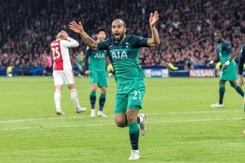 Lucas Moura of Tottenham Hotspur celebrate his goal during the UEFA Champions League semi final match Ajax Amsterdam and Tottenham Hotspur FC at the Johan Cruijff Arena on May 08, 2019 in Amsterdam, The Netherlands UEFA Champions League 2018 2019 xVIxVIxImagesx xGerritxvanxKeulenxIVx 14403274