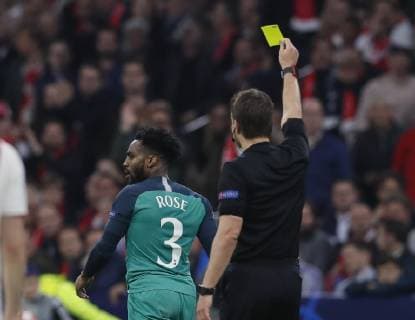 Danny Rose of Tottenham receives a yellow card after he threw the ball down during the UEFA Champions League match at the Johan Cruyff Arena, Amsterdam. Picture date: 8th May 2019. Picture credit should read: David Klein Sportimage EDITORIAL USE ONLY. No use with unauthorised audio, video, data, fixture lists, club league logos or live services. Online in-match use limited to 120 images, no video emulation. No use in betting, games or single club league player publications. SPI-0075-0084