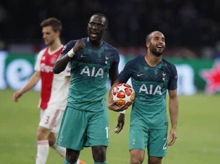 Moussa Sissoko and Lucas Moura of Tottenham celebrate during the UEFA Champions League match at the Johan Cruyff Arena, Amsterdam. Picture date: 8th May 2019. Picture credit should read: David Klein Sportimage EDITORIAL USE ONLY. No use with unauthorised audio, video, data, fixture lists, club league logos or live services. Online in-match use limited to 120 images, no video emulation. No use in betting, games or single club league player publications. SPI-0075-0104