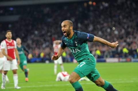 Amsterdam NL 8 mei 2019 Champions League wedstrijd AFC Ajax Amsterdam Tottenham Hotspur. Lucas Moura viert de 2-3 winnende doelpunt in de laatste seconden. Amsterdam The Netherlands 8th May 2019 Champions league game AFC Ajax Amsterdam vs Tottenham Hotspur. Lucas Moura celebrates his winning goal in the last minutes. 