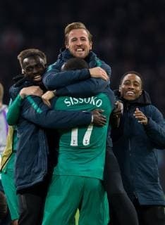 Harry Kane of Spurs celebrates a full time during the UEFA Champions League Semi-Final 2nd leg match between Ajax and Tottenham Hotspur at Johan Cruyff Arena, ArenA Boulevard 1, 1101 AX Amsterdam, Netherlands on 8 May 2019. Copyright: xAndyxRowlandx PMI-2814-0049