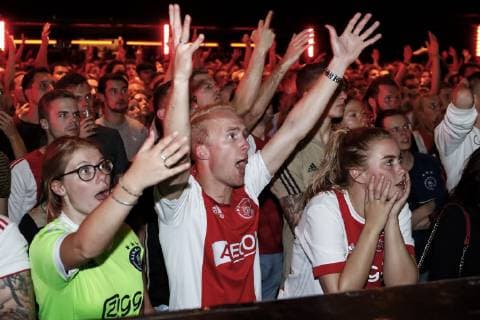 AMSTERDAM , 08-05-2019 , De Marktkantine , Football , Semi final Champions League second leg , season 2018 2019. Ajax fans watching the match Ajax vs Tottenham Hotspur on a big screen. Ajax fans watch football in Amsterdam  x3351314x Copyright: