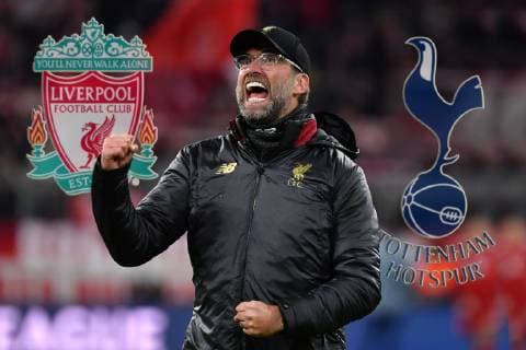 PHOTOMONTAGE Juergen KLOPP meets Tottenham Hotspur in Champions League Final 2019 Archive photo Juergen KLOPP Coach Liverpool Jubilee Joy Enthusiasm Single image cut single motif Half figure half figure Figure FC Bayern Munich M FC Liverpool LIV 1 3 Football Champions League Round of 16 on 13 03 2019 A L L I A A N Z A R E N A DFL REGULATIONS PROHIBIT ANY USE OF PHOTOGRAPHS AS IMAGE SEQUENCES AND OR QUASI VIDEO Â