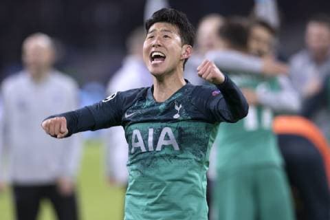 SON Team Tottenham cheers after the victory UEFA Champions League season 2019 semifinal match Ajax Amsterdam Tottenham 2 3 on 08 May 2019 at the Johan Cruyff Arena in Amsterdam