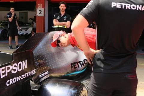 Sport Bilder des Tages 9th May 2019, Circuit de Barcelona-Catalunya, Barcelona, Spain; Formula One Grand Prix of Spain, driver arrivals and press conference PK Pressekonferenz Scuderia Ferrari, Sebastian Vettel checks out the rear of the Mercedes  ActionPlus12132566 Octane