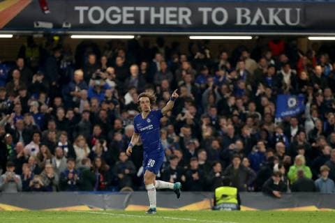 9th May 2019, Stamford Bridge, London, England; Europa League football, semi final, 2nd leg, Chelsea versus Eintracht Frankfurt; David Luiz of Chelsea celebrates as he scores his penalty in the penalty shoot out  ActionPlus12132870 ShaunxBrooks