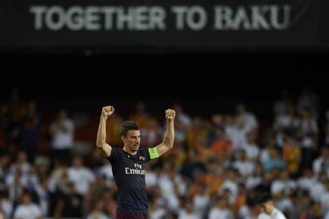 May 9, 2019 - Valencia, Spain - Laurent Koscielny of Asenal celebrates victory after the UEFA Europa League Semi Final Second Leg match between Valencia and Arsenal at Estadio Mestalla on May 9, 2019 in Valencia, Spain. Valencia v Arsenal - UEFA Europa League Semi Final : Second Leg  - ZUMAn230 20190509_zaa_n230_955 Copyright: xJosexBretonx