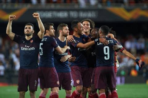 May 9, 2019 - Valencia, Valencia, Spain - Arsenal FC players celebrates after finished the Europa League semifinal second leg match between Valencia and Arsenal at Estadio de Mestalla on May 9, 2019 in Valencia, Spain Valencia v Arsenal - UEFA Europa League Semi Final : Second Leg  - ZUMAn230 20190509_zaa_n230_986 Copyright: xMariaxJosexSegoviax