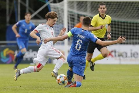 10th May 2019, UCD Bowl, Dublin, Ireland; UEFA Under 17 European Football Championships, Italy versus Spain; Lorenzo Pirola (c) of Italy U17 U 17 tackles Mario Soriano of Spain U17  ActionPlus12133190 PeterxFitzpatrick