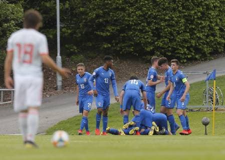 10th May 2019, UCD Bowl, Dublin, Ireland; UEFA Under 17 European Football Championships, Italy versus Spain; Lorenzo Colombo of Italy U17 U 17 celebrates scoring his side first goal in the 22nd minute 1 - 0  ActionPlus12133194 PeterxFitzpatrick