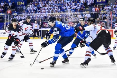 (190511) -- KOSICE, May 11, 2019 -- Kaapo Kakko (L, front) of Finland competes during the 2019 IIHF Ice hockey Eishockey World Championship WM Weltmeisterschaft group A game between Finland and Canada at Steel Arena in Kosice, Slovakia, on May 10, 2019. Finland won 3-1. ) (SP)SLOVAKIA-KOSICE-ICE HOCKEY-IIHF-WORLD CHAMPIONSHIP-GROUP A LukaszxLaskowski 