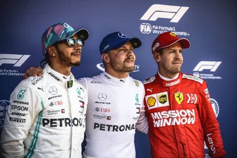 May 11, 2019 - Barcelona, Catalonia, Spain - LEWIS HAMILTON (GBR) from team Mercedes, 2nd, VALTTERI BOTTAS (FIN) from team Mercedes, pole and SEBASTIAN VETTEL (GER) from team Ferrari, 3rd, pose for a photo after the qualifying session of the Spanish GP at Circuit de Catalunya F1 2019: Spanish Grand Prix: Pole Position. - ZUMAo105 20190511_zap_o105_076 Copyright: xMatthiasxOesterlex