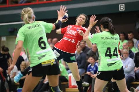Jurate Zilinskaite Nr 15 H2Ku Herrenberg vs. Lotta Janne Woch Nr 06 TSV Nord Harrislee and Hanna Klingenberg Nr 44 TSV Nord Harrislee TSV Nord Harrislee vs SG H2Ku Herrenberg Handball 2 Bundesliga Women 11 05 19 Harrislee Copyright: xEIBNER Mario_Kobergx EP_eer