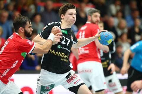 Thies Bergemann Hamburg in duel with Bjoern Zintel Huettenberg TV Huettenberg vs HSV Hamburg Handball 2 Bundesliga 11 05 2019 TV Huettenberg vs HSV Hamburg Handball 2 Bundesliga 11 05 2019 Huettenberg Copyright: xEIBNER RenexWeissx EP_RWS