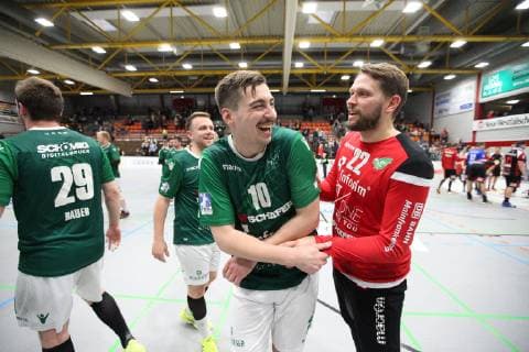 Victory celebration at Lukas Boehm DJK Rimpar Woelfe 10 left and Max Brustmann DJK Rimpar Woelfe 22 right TuS N Luebbecke vs DJK Rimpar Woelfe Handball 2 Bundesliga 11 05 2019 TuS N Luebbecke vs DJK Rimpar Woelfe Handball 2 Bundesliga 11 05 2019 Luebbecke Copyright: xEIBNER JanxStrohdiekx EP_JSK