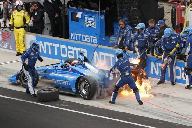 Sport Themen der Woche KW19 Sport Bilder des Tages INDIANAPOLIS, IN - MAY 11: Chip Ganassi Racing driver Felix Rosenqvist (10) of Sweden catches on fire as he pull out of his pit during the IndyCar Indy Car IRL USA Grand Prix on May 11, 2019, at the Indianapolis Motor Speedway Road Course in Indianapolis, Indiana. (Photo by Jeffrey Brown Icon Sportswire) AUTO: MAY 11 IndyCar Series - IndyCar Grand Prix Icon19051101