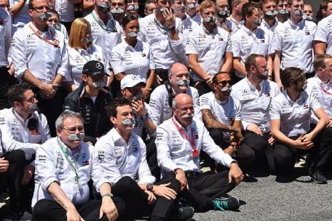 12 05 2019 xekx FIA Formula 1 Grand Prix of Spain 2019 Race emspor The Mercedes Formula 1 Team says goodbye Dieter Zetsche Chairman of the Board of Management Daimler AG with glued-on beards right Lewis Hamilton left Toto Wolff behind Valtteri Bottas DFL DFB REGULATIONS PROHIBIT ANY USE OF PHOTOGRAPHS as IMAGE SEQUENCES and or QUASI VIDEO Barcelona eel-fotografie Eberhard Krieger