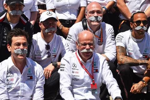 12 05 2019 xekx FIA Formula 1 Grand Prix of Spain 2019 Race emspor The Mercedes Formula 1 Team says goodbye Dieter Zetsche Chairman of the Board of Management Daimler AG with glued-on beards right Lewis Hamilton left Toto Wolff behind Valtteri Bottas DFL DFB REGULATIONS PROHIBIT ANY USE OF PHOTOGRAPHS as IMAGE SEQUENCES and or QUASI VIDEO Barcelona eel-fotografie Eberhard Krieger