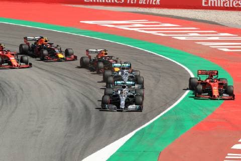 12th May 2019, Circuit de Barcelona-Catalunya, Barcelona, Spain; Formula One Grand Prix of Spain, race day; Mercedes AMG Petronas Motorsport, Lewis Hamilton, team mate Valtteri Bottas and Scuderia Ferrari, Sebastian Vettel battle through Turn 1 into turn 2  ActionPlus12134243 Octane