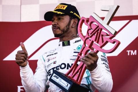 May 12, 2019 - Barcelona, Catalonia, Spain - LEWIS HAMILTON (GBR) from team Mercedes celebrates his victory of the Spanish GP presenting his cup on the podium at the Circuit de Barcelona - Catalunya F1 2019: Spanish Grand Prix: Hamilton Wins - ZUMAo105 20190512_zap_o105_008 Copyright: xMatthiasxOesterlex