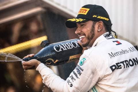 May 12, 2019 - Barcelona, Catalonia, Spain - LEWIS HAMILTON (GBR) from team Mercedes sprays champagne as he celebrates his victory of the Spanish GP on the podium at the Circuit de Barcelona - Catalunya F1 2019: Spanish Grand Prix: Hamilton Wins - ZUMAo105 20190512_zap_o105_010 Copyright: xMatthiasxOesterlex