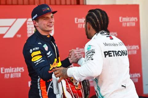 12 05 2019 xekx FIA Formula 1 Grand Prix of Spain 2019 Race emspor v l 3 Place Max Verstappen Aston Martin Red Bull Racing congratulates winner 1 Place Lewis Hamilton Mercedes AMG Petronas DFL DFB REGULATIONS PROHIBIT ANY USE OF PHOTOGRAPHS as IMAGE SEQUENCES and or QUASI VIDEO Barcelona eel-fotografie Eberhard Krieger