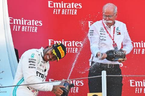 12 05 2019 xekx FIA Formula 1 Grand Prix of Spain 2019 Race emspor v l Winner 1 Place Lewis Hamilton Mercedes AMG Petronas Dieter Zetsche CEO Daimler AG 2 Place Valtteri Bottas Mercedes AMG Petronas DFL DFB REGULATIONS PROHIBIT ANY USE OF PHOTOGRAPHS as IMAGE SEQUENCES and or QUASI VIDEO Barcelona eel-fotografie Eberhard Krieger