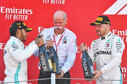 12 05 2019 xekx FIA Formula 1 Grand Prix of Spain 2019 Race emspor v l Winner 1 Place Lewis Hamilton Mercedes AMG Petronas Dieter Zetsche CEO Daimler AG 2 Place Valtteri Bottas Mercedes AMG Petronas DFL DFB REGULATIONS PROHIBIT ANY USE OF PHOTOGRAPHS as IMAGE SEQUENCES and or QUASI VIDEO Barcelona eel-fotografie Eberhard Krieger