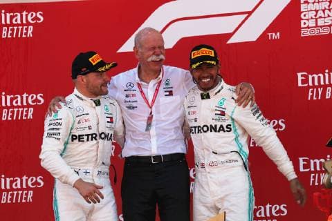 Photo4 LaPresse 12 05 2019 Montmelo, Spain Grand Prix Formula One Spain 2019 In the pic: Valtteri Bottas (FIN) Mercedes AMG F1 W10, Dr. Dieter Zetsche, Chairman of Daimler and Lewis Hamilton (GBR) Mercedes AMG F1 W10  Copyright: xPhoto4 LaPressex
