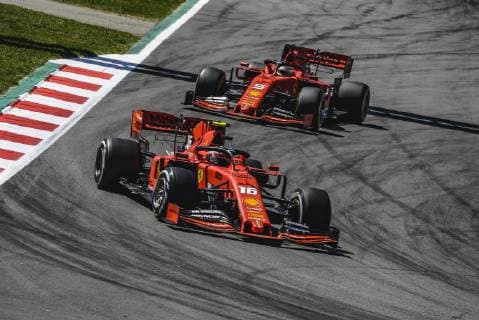 May 12, 2019 - Barcelona, Catalonia, Spain - CHARLES LECLERC (MON) from team Ferrari and SEBASTIAN VETTEL (GER) from team Ferrari drive in their SF90 during the Spanish GP at Circuit de Catalunya F1 2019: Spanish Grand Prix - ZUMAo105 20190512_zap_o105_090 Copyright: xMatthiasxOesterlex