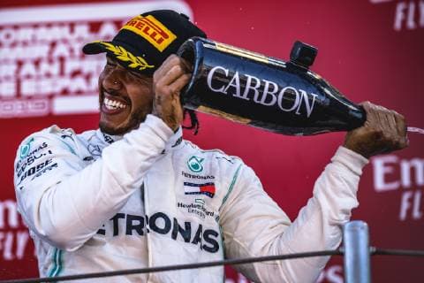 May 12, 2019: Barcelona, Spain: LEWIS HAMILTON (GBR) from team Mercedes sprays champagne as he celebrates his victory of the Spanish GP on the podium at the Circuit de Barcelona-Catalunya. F1 2019: Spanish Grand Prix: Hamilton Wins - ZUMAo105 20190512_zap_o105_032 Copyright: xMatthiasxOesterlex