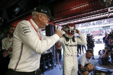 Motorsports: FIA Formula One World Championship WM Weltmeisterschaft 2019, Grand Prix of Spain, Dr. Dieter Zetsche (GER, Chairman of the Board of Management of Daimler AG, Head of Mercedes-Benz Cars), 44 Lewis Hamilton (GBR, Mercedes AMG Petronas Motorsport), Barcelona Spain
