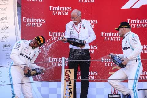 Motorsports: FIA Formula One World Championship WM Weltmeisterschaft 2019, Grand Prix of Spain, 44 Lewis Hamilton (GBR, Mercedes AMG Petronas Motorsport), Dr. Dieter Zetsche (GER, Chairman of the Board of Management of Daimler AG, Head of Mercedes-Benz Cars), 77 Valtteri Bottas (FIN, Mercedes AMG Petronas Motorsport), Barcelona Spain