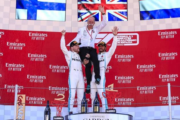 Motorsports: FIA Formula One World Championship WM Weltmeisterschaft 2019, Grand Prix of Spain, 77 Valtteri Bottas (FIN, Mercedes AMG Petronas Motorsport), Dr. Dieter Zetsche (GER, Chairman of the Board of Management of Daimler AG, Head of Mercedes-Benz Cars), 44 Lewis Hamilton (GBR, Mercedes AMG Petronas Motorsport), Barcelona Spain