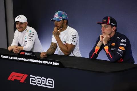 Motorsports: FIA Formula One World Championship WM Weltmeisterschaft 2019, Grand Prix of Spain, 77 Valtteri Bottas (FIN, Mercedes AMG Petronas Motorsport), 44 Lewis Hamilton (GBR, Mercedes AMG Petronas Motorsport), 33 Max Verstappen (NLD, Aston Martin Red Bull Racing), Barcelona Spain