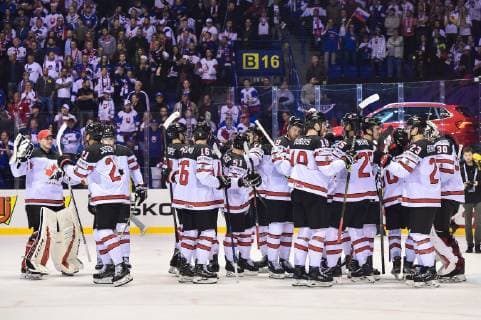 (190514) -- KOSICE, May 14, 2019 -- Players of Canada celebrate after winning the 2019 IIHF Ice hockey Eishockey World Championship WM Weltmeisterschaft group A game between Slovakia and Canada at Steel Arena in Kosice, Slovakia, May 13, 2019. Canada won 6-5. ) (SP)SLOVAKIA-KOSICE-ICE HOCKEY-IIHF-WORLD CHAMPIONSHIP-GROUP A-CAN VS SVK LukaszxLaskowski 